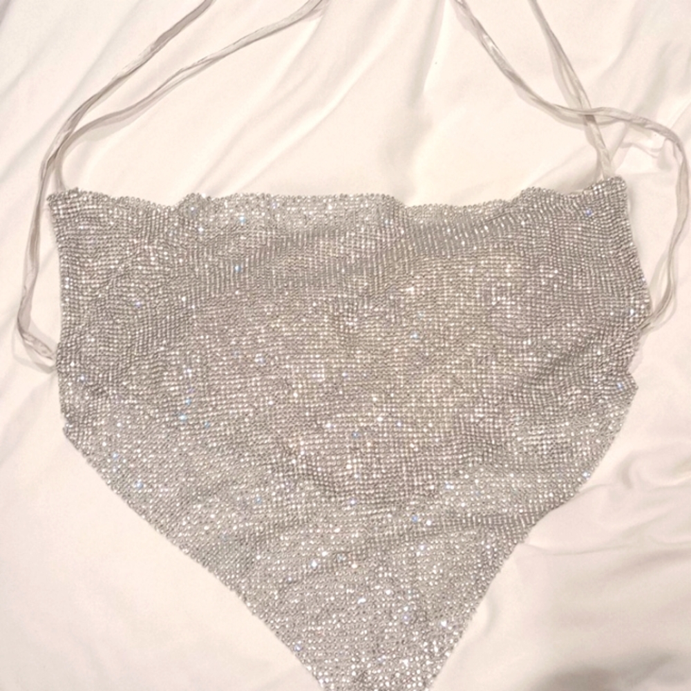 Rhinestone cowled neck lined bib shirt
